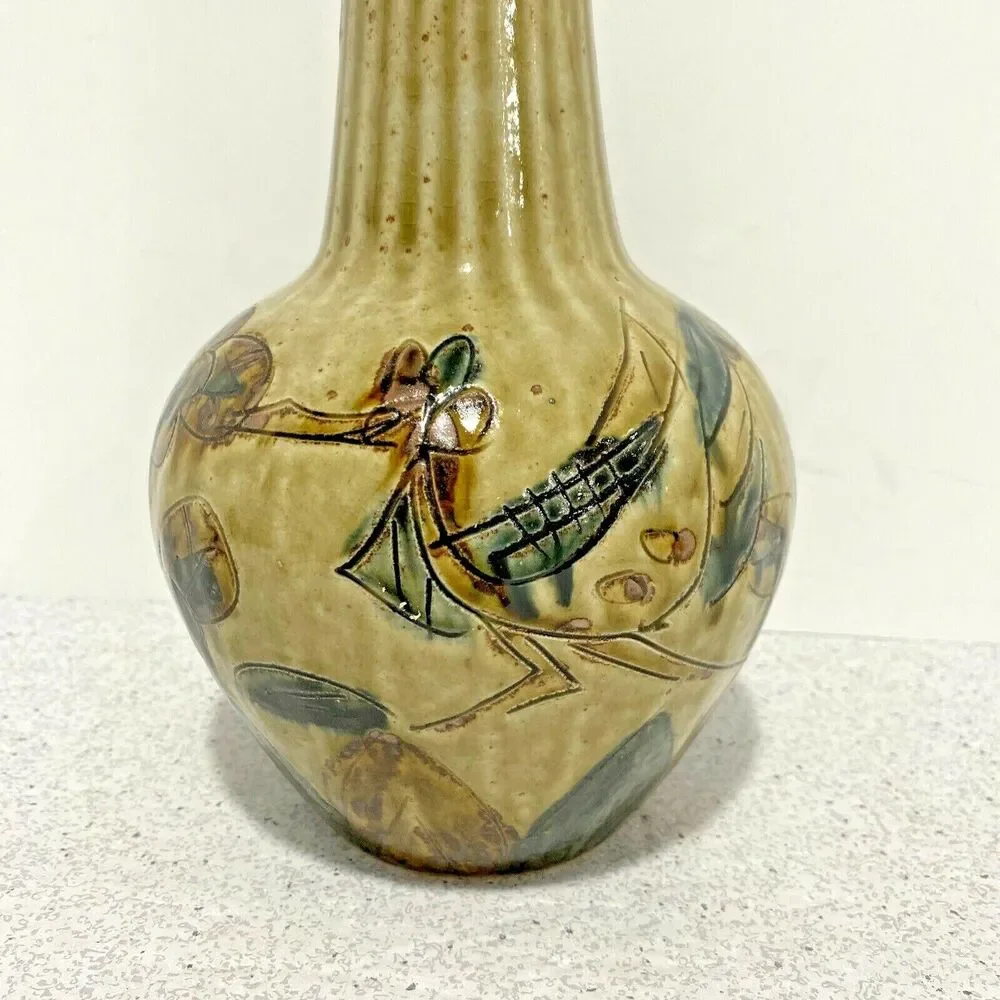 Vintage Mid Century Art Pottery Vase Drip Glaze Incised Brutalist Okinawa Japan